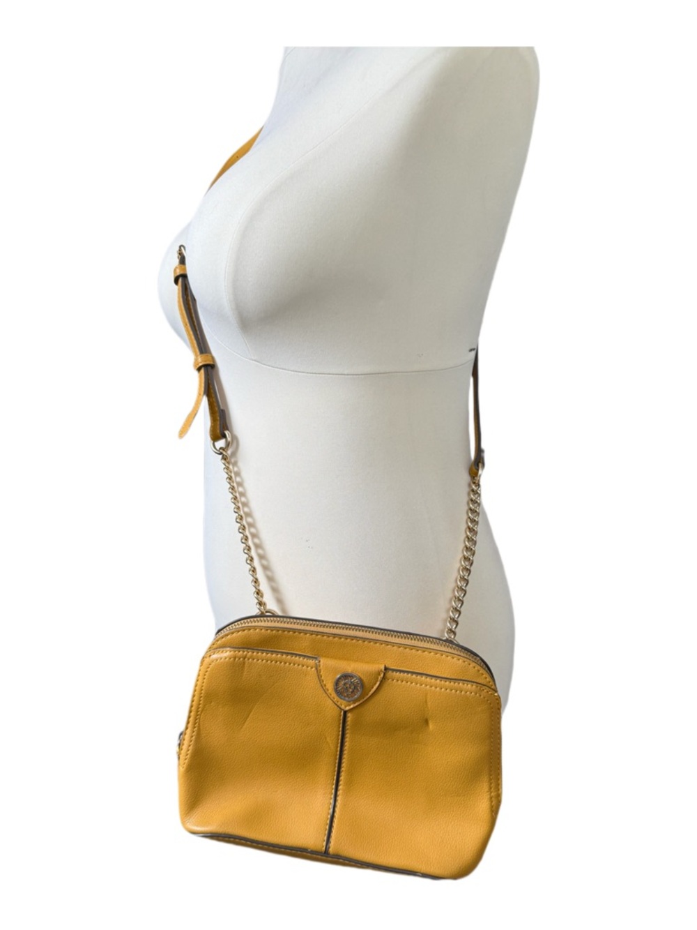 Anne Klein Vintage Mustard Yellow Pebbled Leather Crossbody with Chain Strap